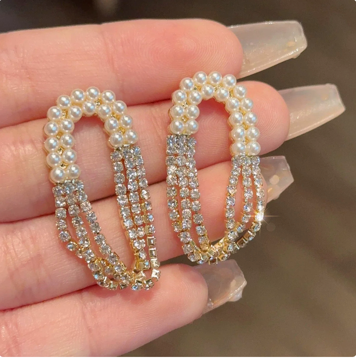 Korean diamond pearl oval tassel earrings - Golden