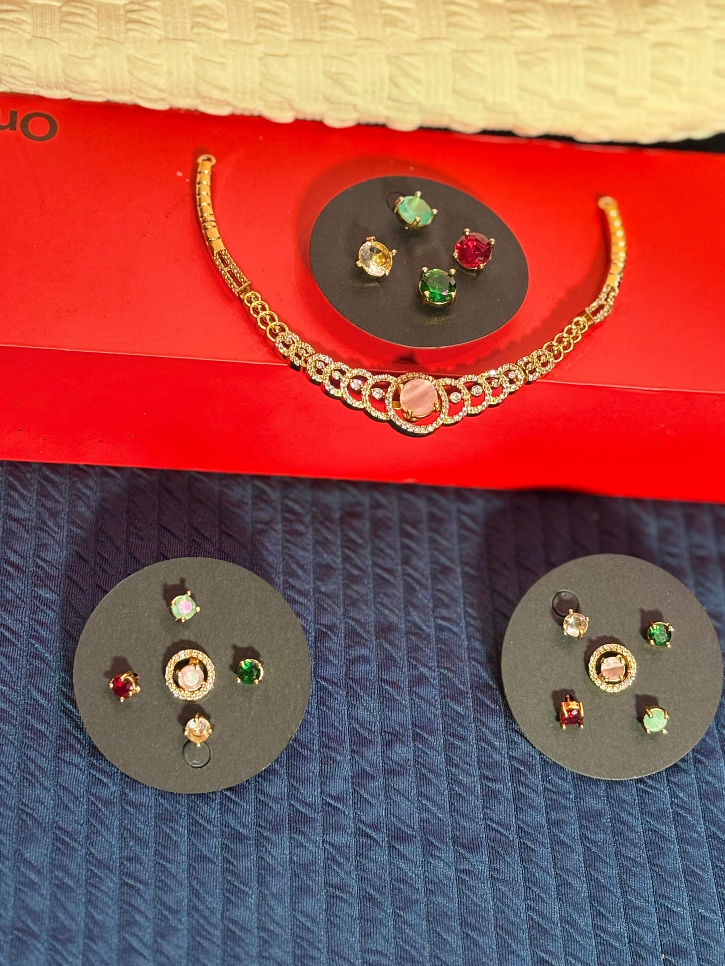 Premium Neckpiece changeable 5 Different colored stones with Stud Earings