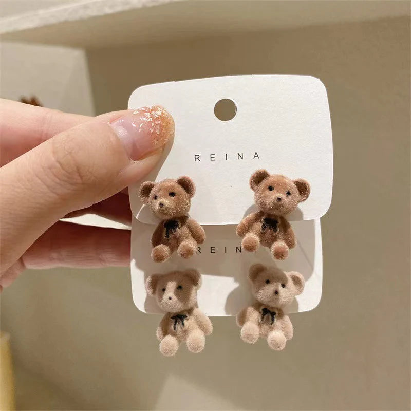 Korean flocking cute bear earrings - Beige