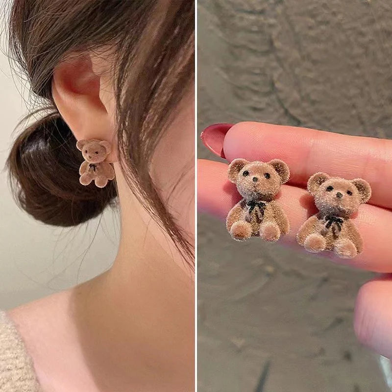 Korean flocking cute bear earrings - Beige