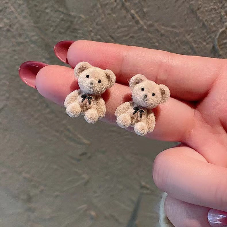 Korean flocking cute bear earrings - Beige