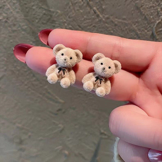 Korean flocking cute bear earrings - Beige