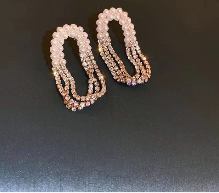 Korean diamond pearl oval tassel earrings - Golden