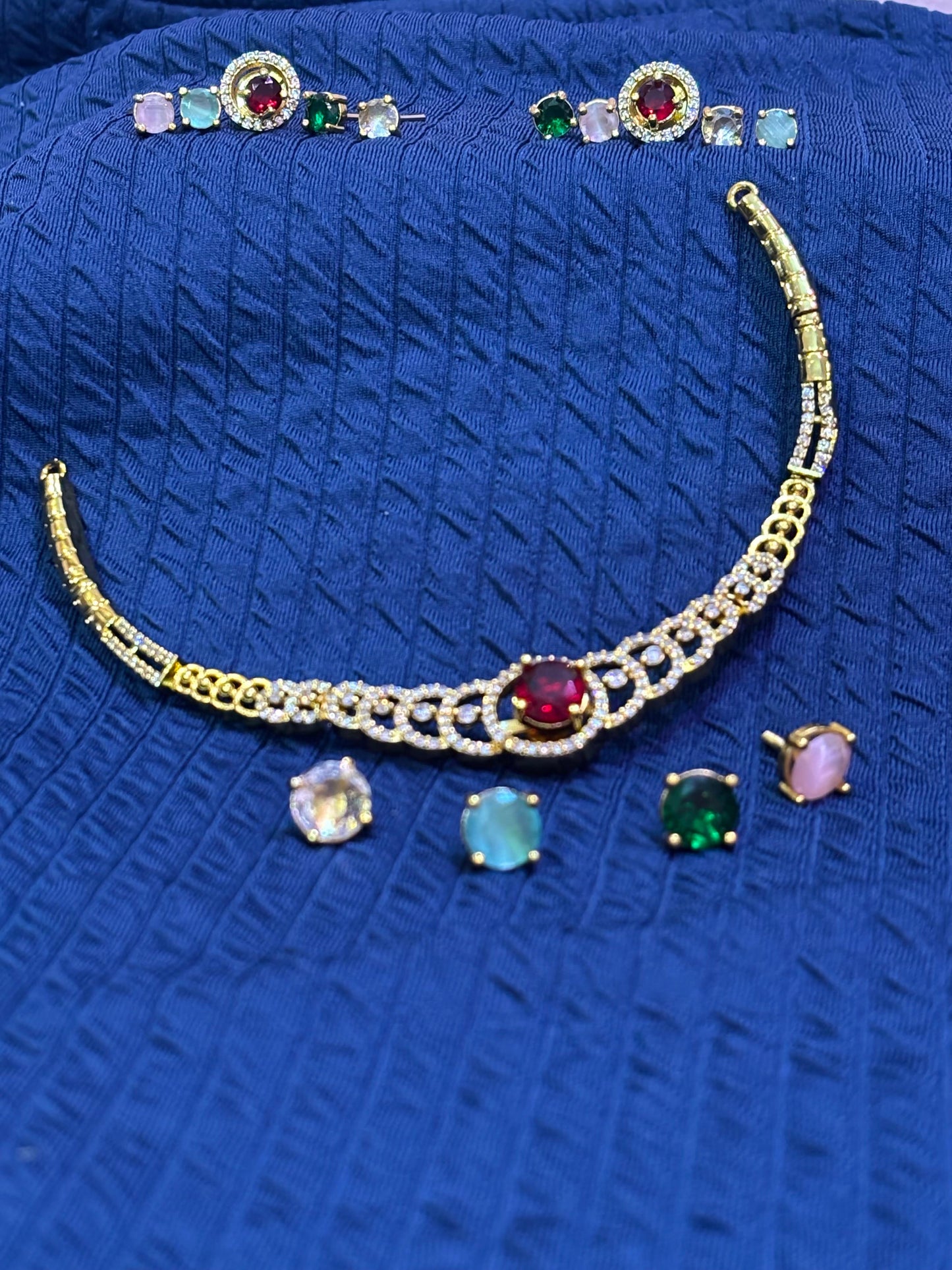 Premium Neckpiece changeable 5 Different colored stones with Stud Earings
